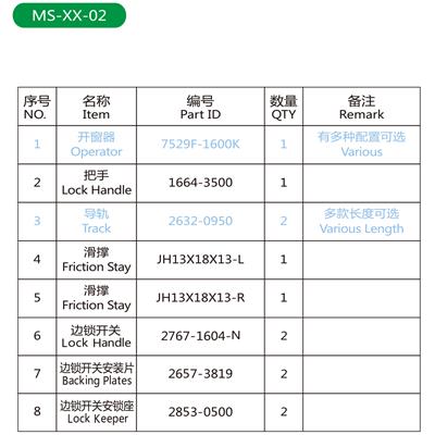 美式开窗器系统MS-XX-02配件表